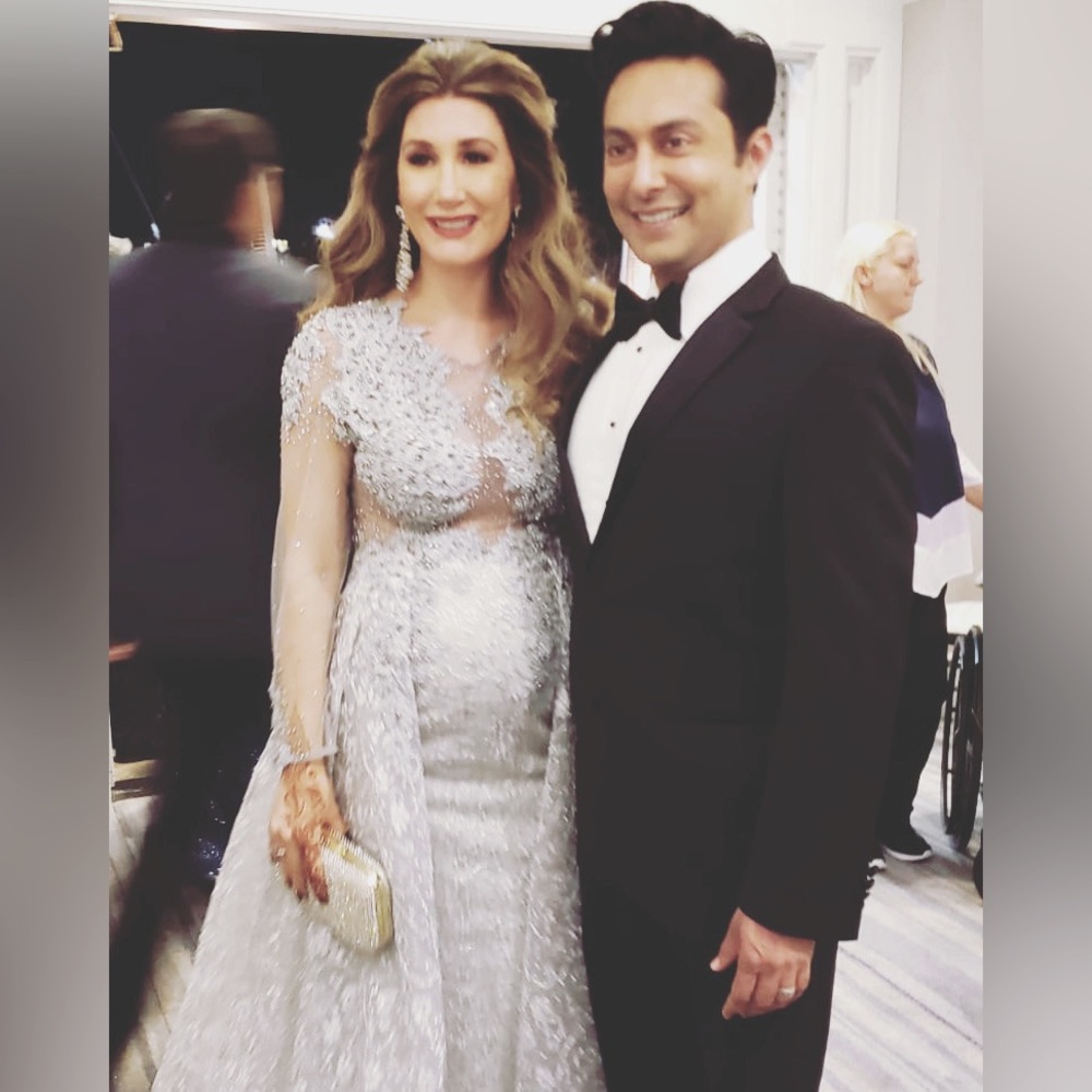 Macduggal silver designer gown.  Absolutely beautiful, size 6, worn 1x for event